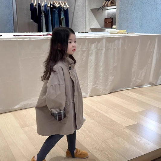 Children's Clothing, Girls' Outerwear, Standing Collar Long Sleeved Trench Coat, 2025 Autumn and Winter Clothing