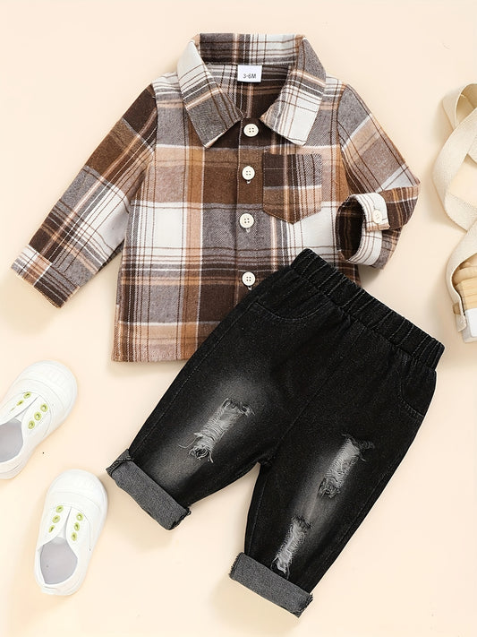 Boy's Casual Plaid Button-Up Shirt & Ripped Imitation Denim Pants Set - Cozy Polyester, Non-Transparent, Perfect for Fall/Winter, Perfect for Outdoor