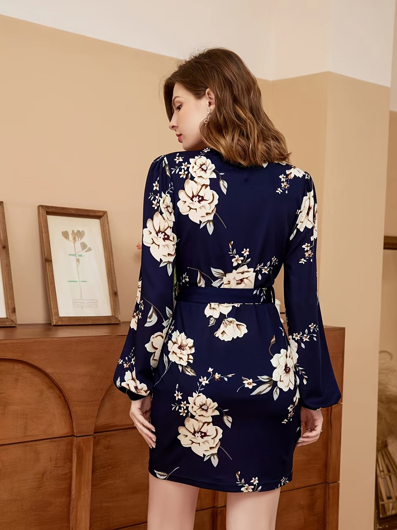 Floral Print V Neck Belted Elegant Dress - Long Sleeve, Vacation & Everyday Wear - For Women - Soft & Comfortable Fabric - Perfect Gift for Birthday & Special Occasions