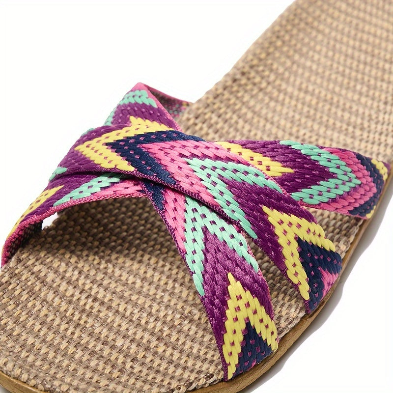 Women's Striped Linen Slippers - Summer Fashion, Comfortable Indoor/Outdoor Flats with EVA Sole, 515