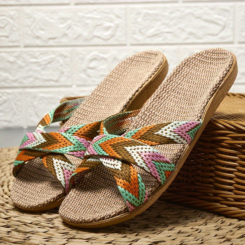 Women's Striped Linen Slippers - Summer Fashion, Comfortable Indoor/Outdoor Flats with EVA Sole, 515