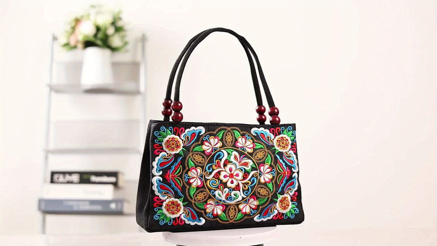 Embroidered Handbag, Double Zipper Bag, Women's Printed Handbag