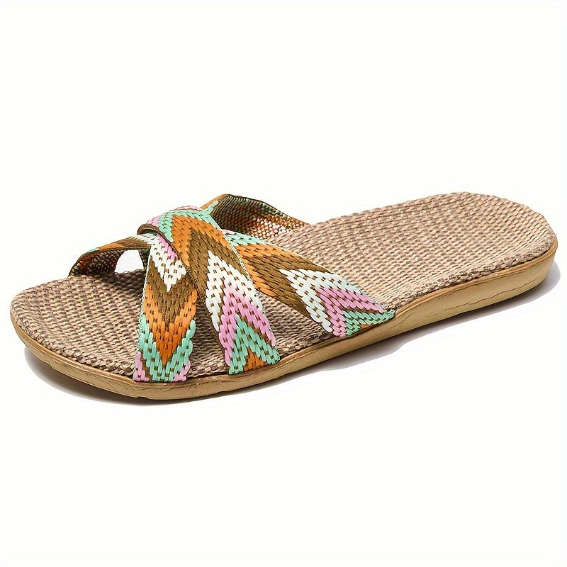 Women's Striped Linen Slippers - Summer Fashion, Comfortable Indoor/Outdoor Flats with EVA Sole, 515