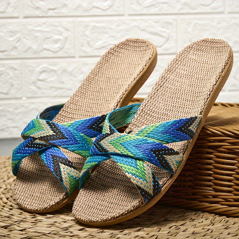 Women's Striped Linen Slippers - Summer Fashion, Comfortable Indoor/Outdoor Flats with EVA Sole, 515