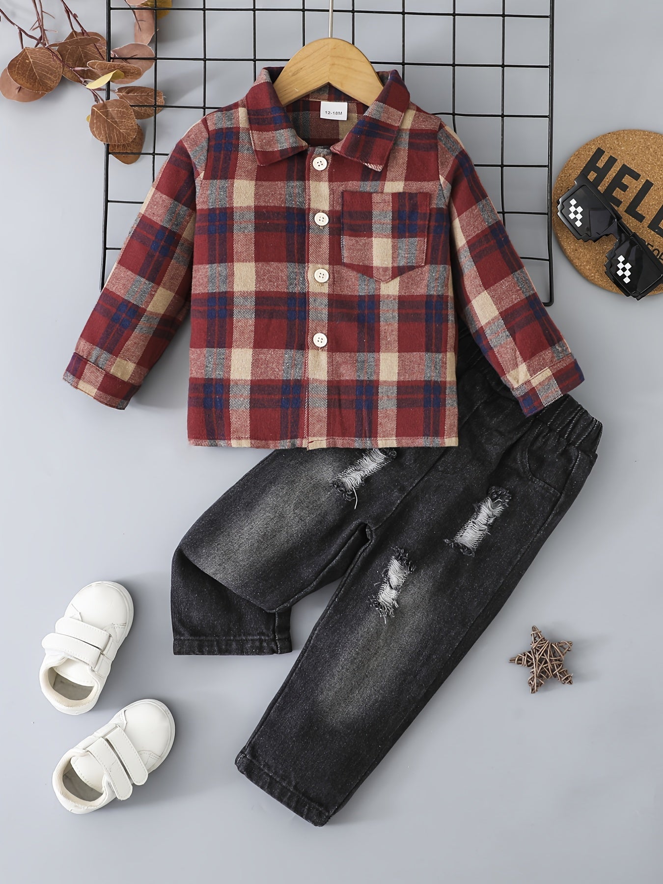 Boy's Casual Plaid Button-Up Shirt & Ripped Imitation Denim Pants Set - Cozy Polyester, Non-Transparent, Perfect for Fall/Winter, Perfect for Outdoor