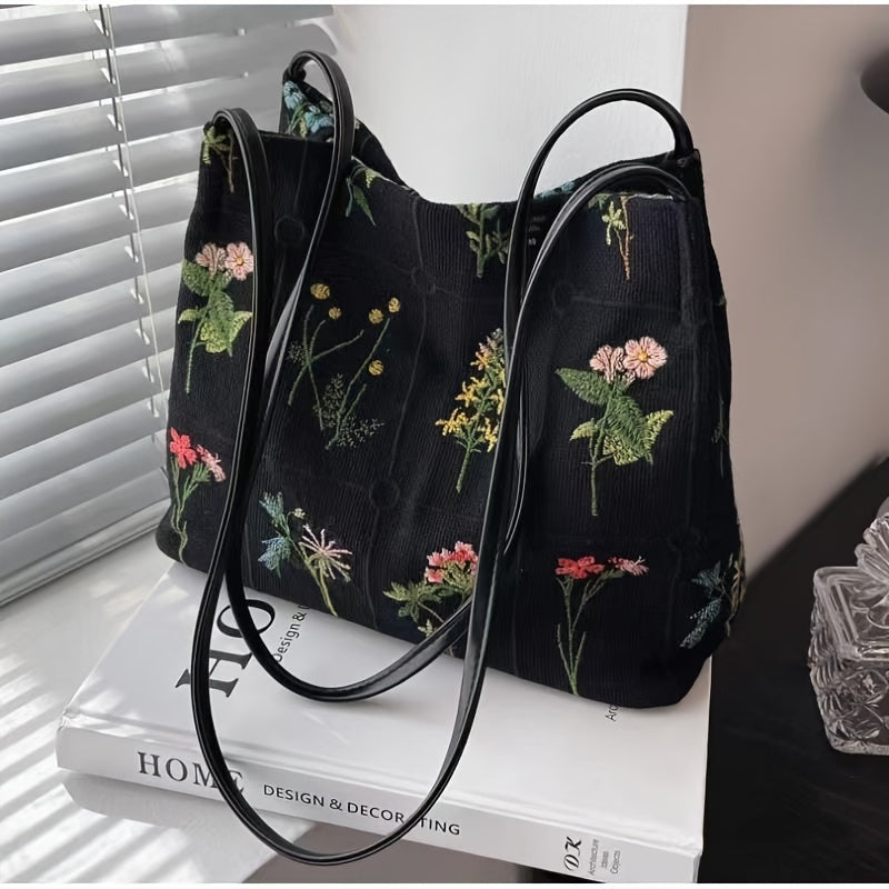 Elegant Embroidered Floral Tote Bag - Chic Versatility for Everyday Use, Stylish Women's Shoulder Handbag & Purse with Casual Charm