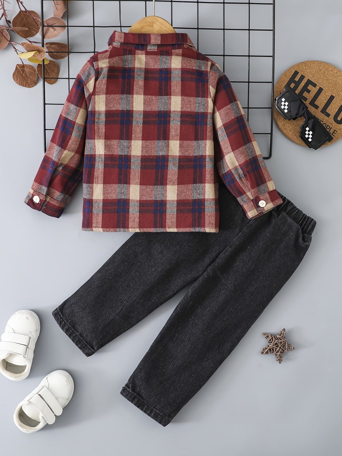Boy's Casual Plaid Button-Up Shirt & Ripped Imitation Denim Pants Set - Cozy Polyester, Non-Transparent, Perfect for Fall/Winter, Perfect for Outdoor