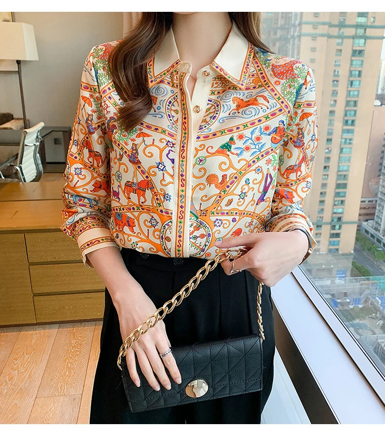 Fashion elegant  Women Blouses flower printed ladies shirts New Spring Long Sleeve Tops Blusas Mujer