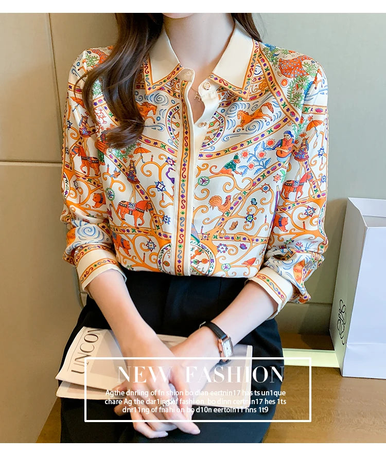 Fashion elegant  Women Blouses flower printed ladies shirts New Spring Long Sleeve Tops Blusas Mujer