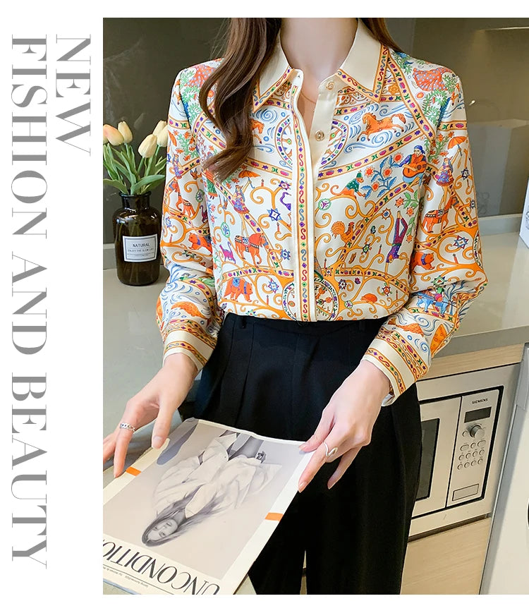 Fashion elegant  Women Blouses flower printed ladies shirts New Spring Long Sleeve Tops Blusas Mujer