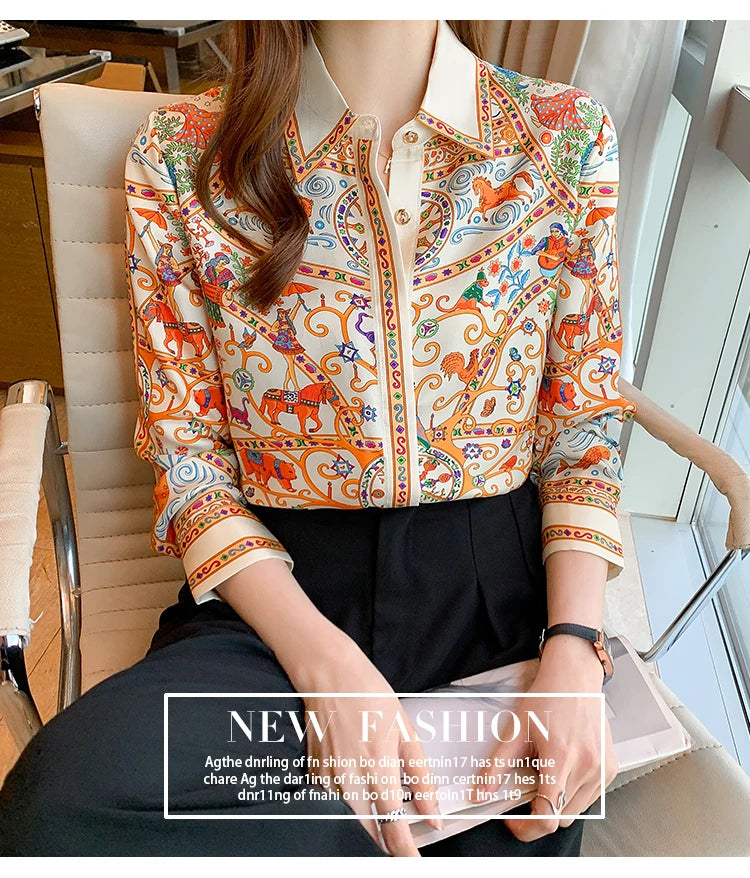 Fashion elegant  Women Blouses flower printed ladies shirts New Spring Long Sleeve Tops Blusas Mujer