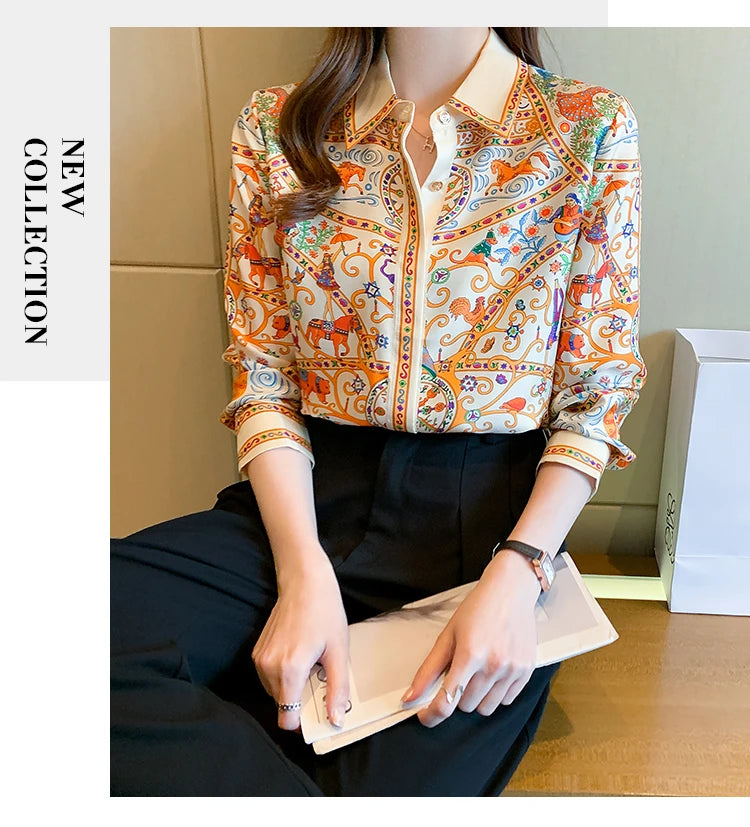 Fashion elegant  Women Blouses flower printed ladies shirts New Spring Long Sleeve Tops Blusas Mujer