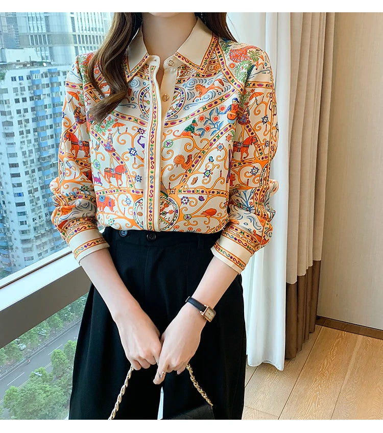 Fashion elegant  Women Blouses flower printed ladies shirts New Spring Long Sleeve Tops Blusas Mujer