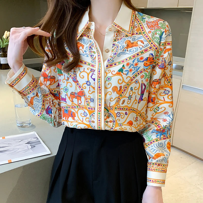 Fashion elegant  Women Blouses flower printed ladies shirts New Spring Long Sleeve Tops Blusas Mujer