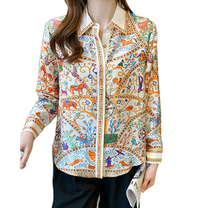 Fashion elegant  Women Blouses flower printed ladies shirts New Spring Long Sleeve Tops Blusas Mujer