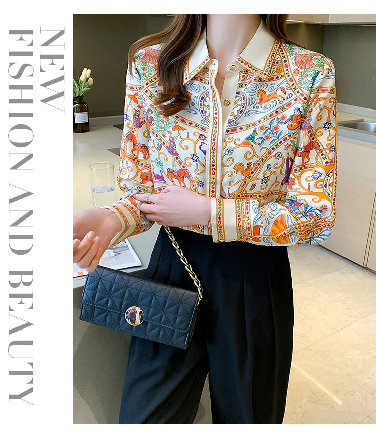 Fashion elegant  Women Blouses flower printed ladies shirts New Spring Long Sleeve Tops Blusas Mujer