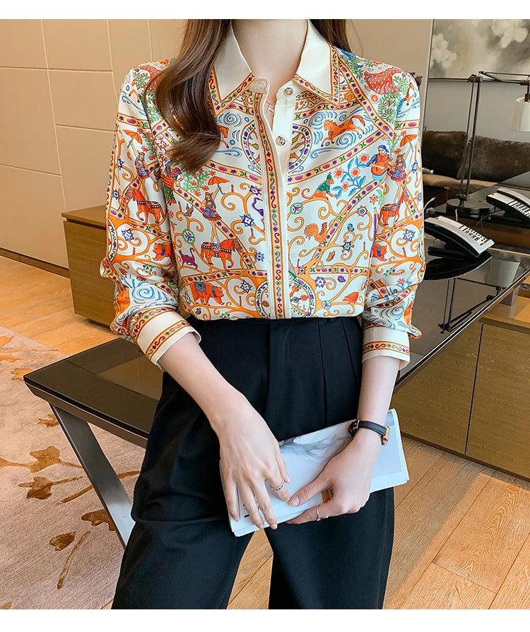 Fashion elegant  Women Blouses flower printed ladies shirts New Spring Long Sleeve Tops Blusas Mujer