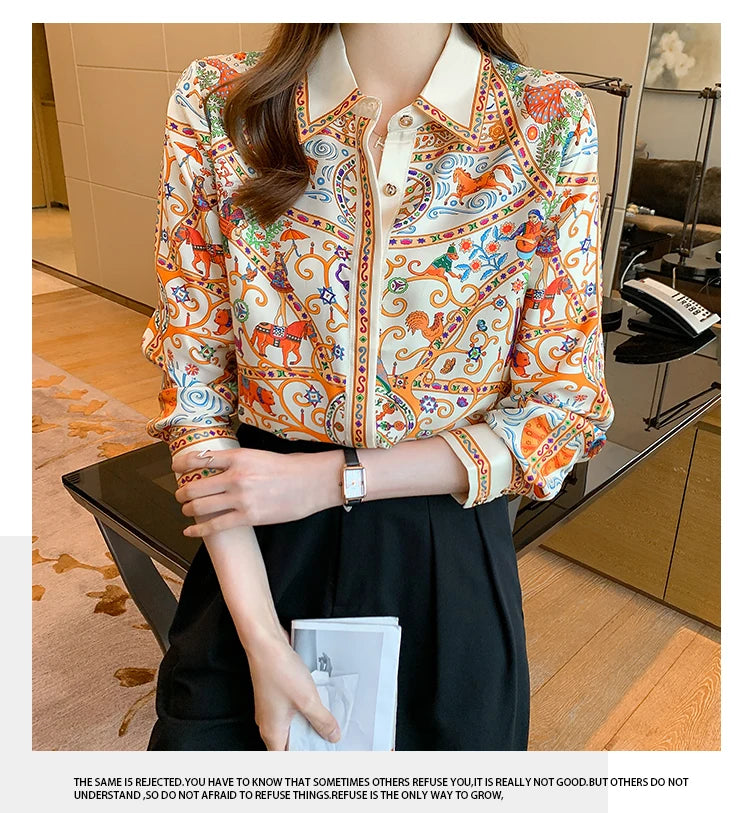 Fashion elegant  Women Blouses flower printed ladies shirts New Spring Long Sleeve Tops Blusas Mujer