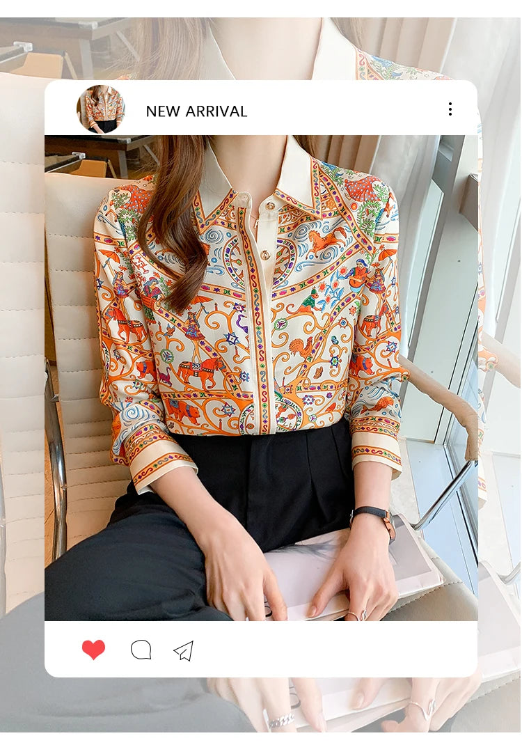 Fashion elegant  Women Blouses flower printed ladies shirts New Spring Long Sleeve Tops Blusas Mujer