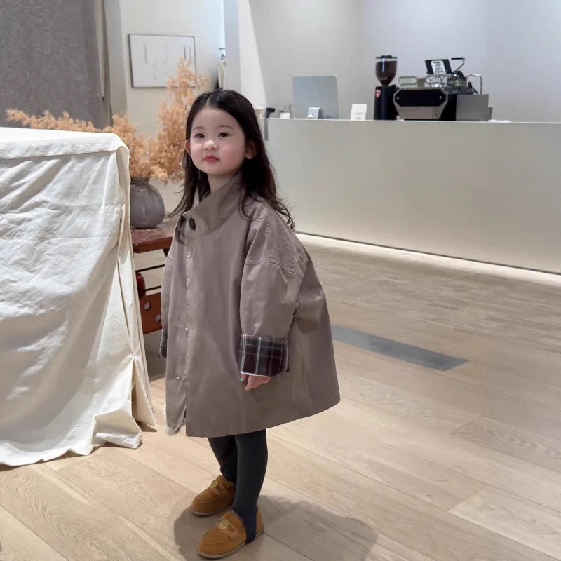 Children's Clothing, Girls' Outerwear, Standing Collar Long Sleeved Trench Coat, 2025 Autumn and Winter Clothing