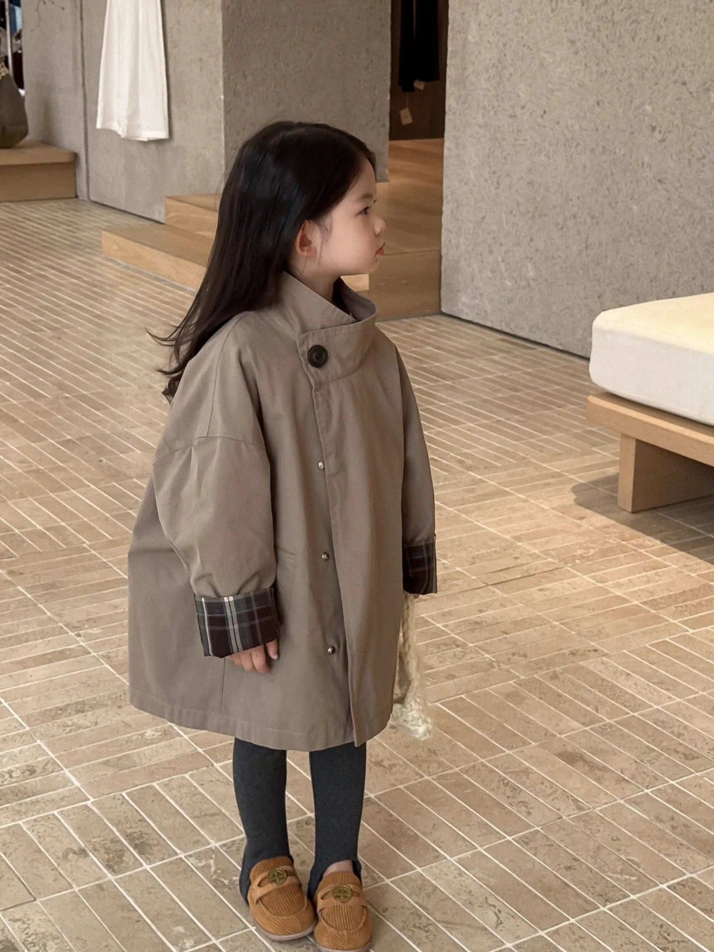 Children's Clothing, Girls' Outerwear, Standing Collar Long Sleeved Trench Coat, 2025 Autumn and Winter Clothing