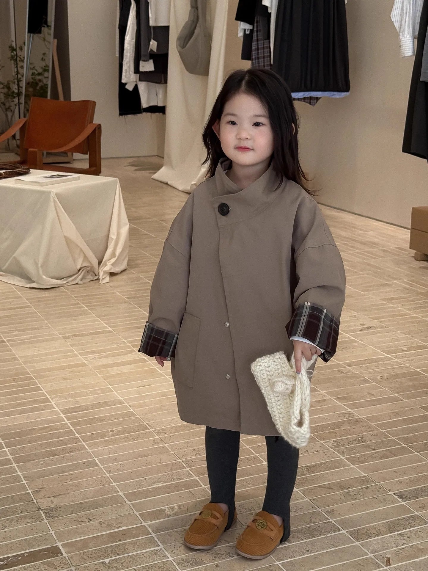 Children's Clothing, Girls' Outerwear, Standing Collar Long Sleeved Trench Coat, 2025 Autumn and Winter Clothing