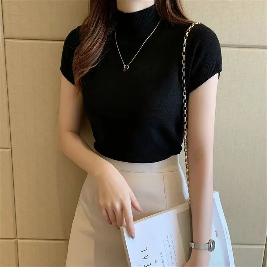 2025 Fashion Woman Blouses Short Sleeve Summer Tops Blouse Women Turtleneck Knitted Blouse Shirt Women Tops Blouses