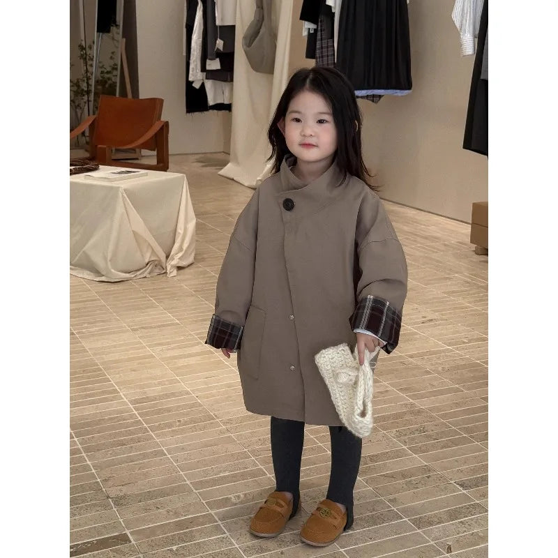 Children's Clothing, Girls' Outerwear, Standing Collar Long Sleeved Trench Coat, 2025 Autumn and Winter Clothing