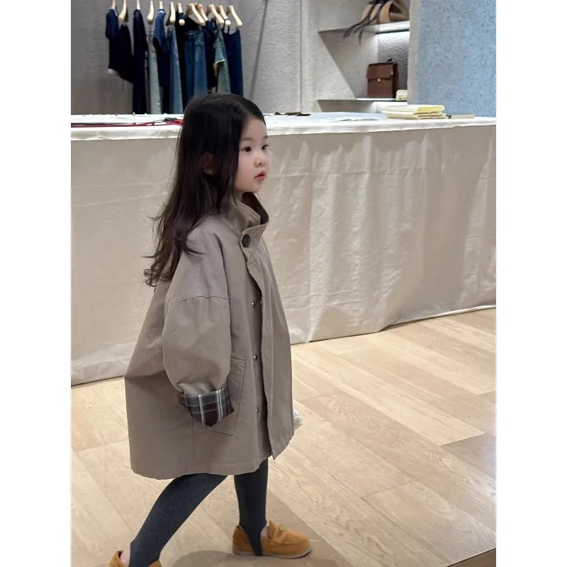 Children's Clothing, Girls' Outerwear, Standing Collar Long Sleeved Trench Coat, 2025 Autumn and Winter Clothing