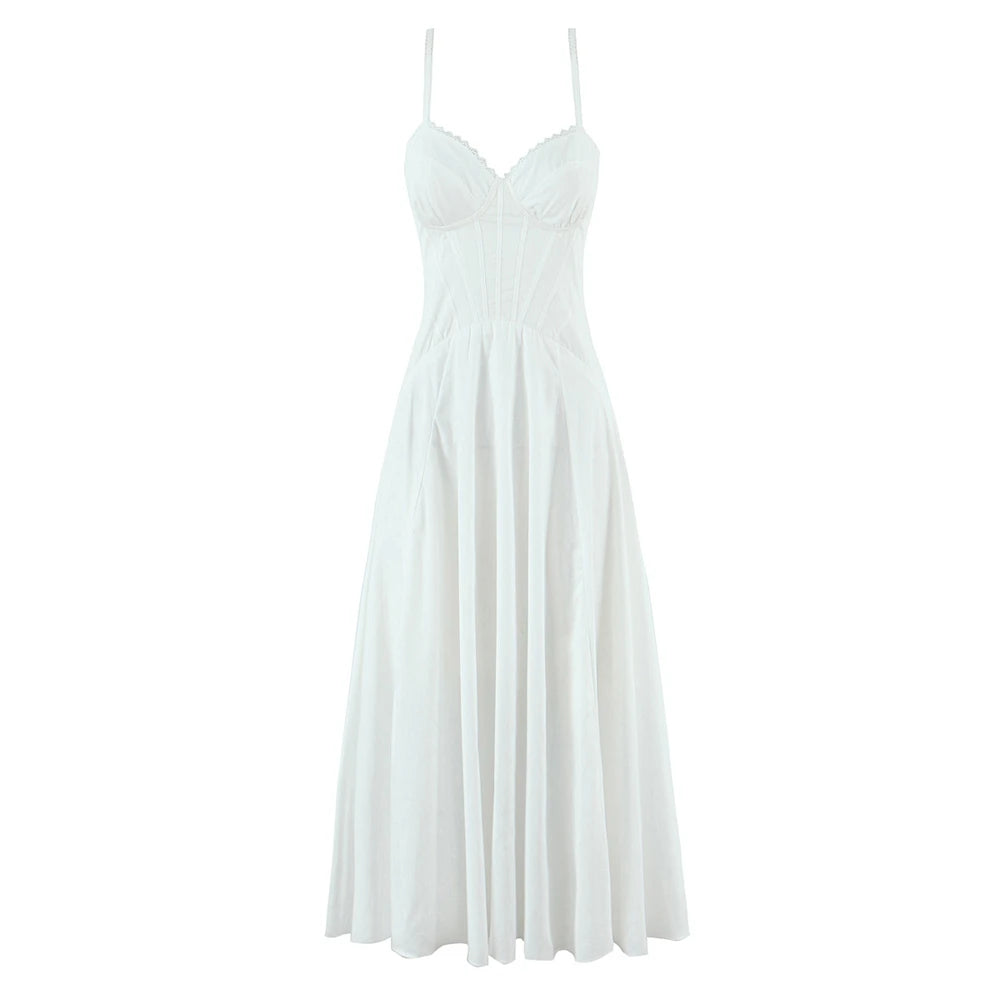 Women Dress 2025 New Fashion Summer Vintage White Lace-Panelled Cotton Dresses for Women Elegance Chic Ladies Midi Dress