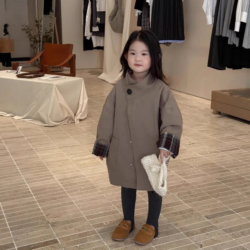 Children's Clothing, Girls' Outerwear, Standing Collar Long Sleeved Trench Coat, 2025 Autumn and Winter Clothing