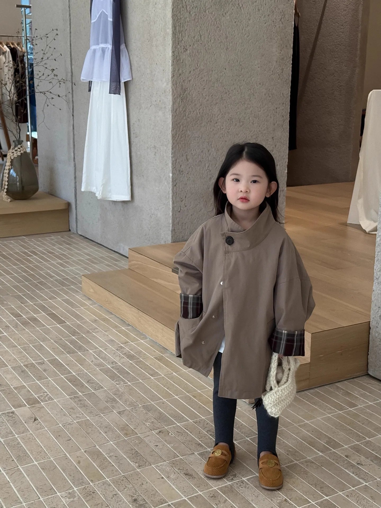 Children's Clothing, Girls' Outerwear, Standing Collar Long Sleeved Trench Coat, 2025 Autumn and Winter Clothing