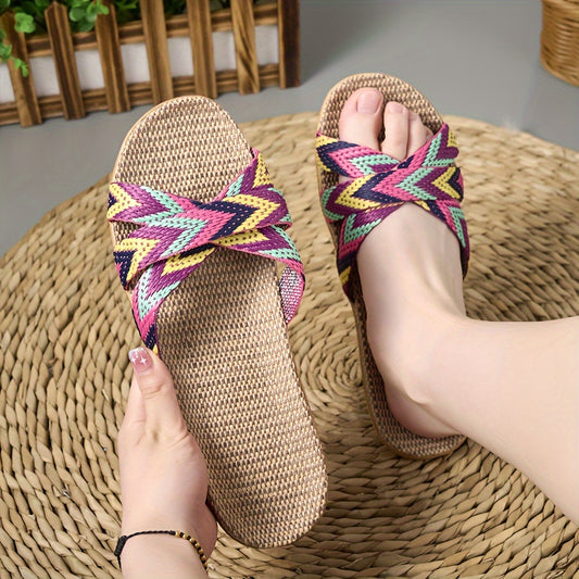 Women's Striped Linen Slippers - Summer Fashion, Comfortable Indoor/Outdoor Flats with EVA Sole, 515